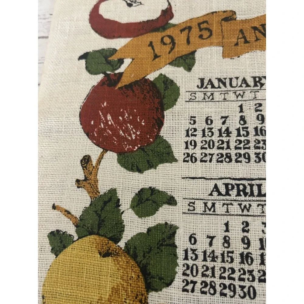 1975 Vintage MCM Linen Calendar Tea Towel Wall Hanging Country Apples Folk Art